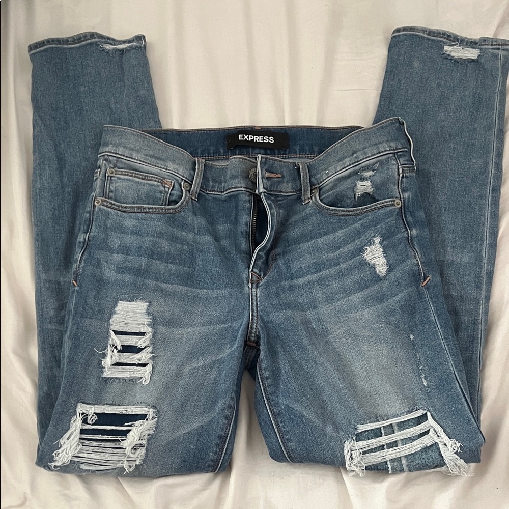 Express Women's Light Blue Ripped Boyfriend Jeans